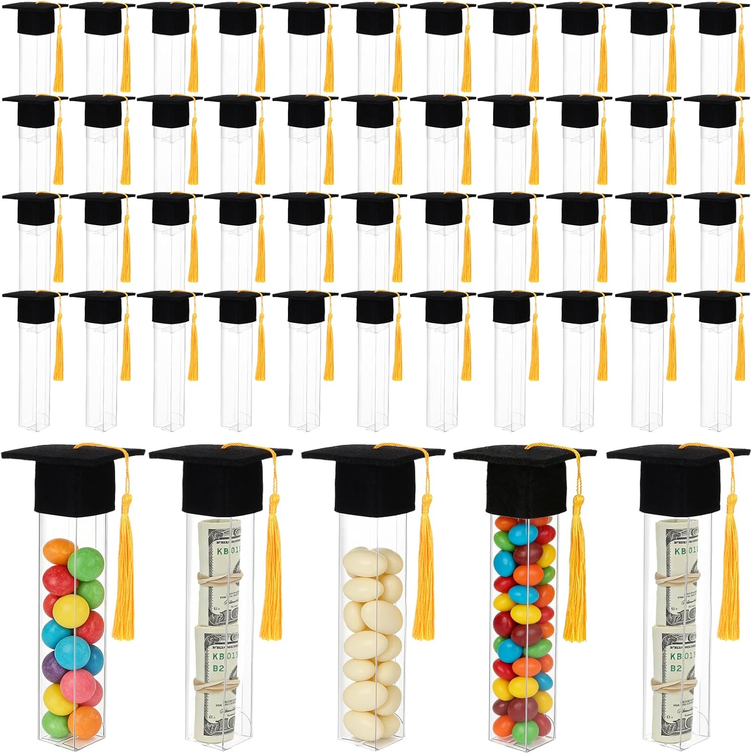 50 Set Graduation Party Favor Tubes, 2026 Graduation Party Favors Boxes Including 50 Pcs Plastic Grad Jars and 50 Pcs Mini Caps with Gold Tassels for Graduation Party Guests Supplies Prize Items