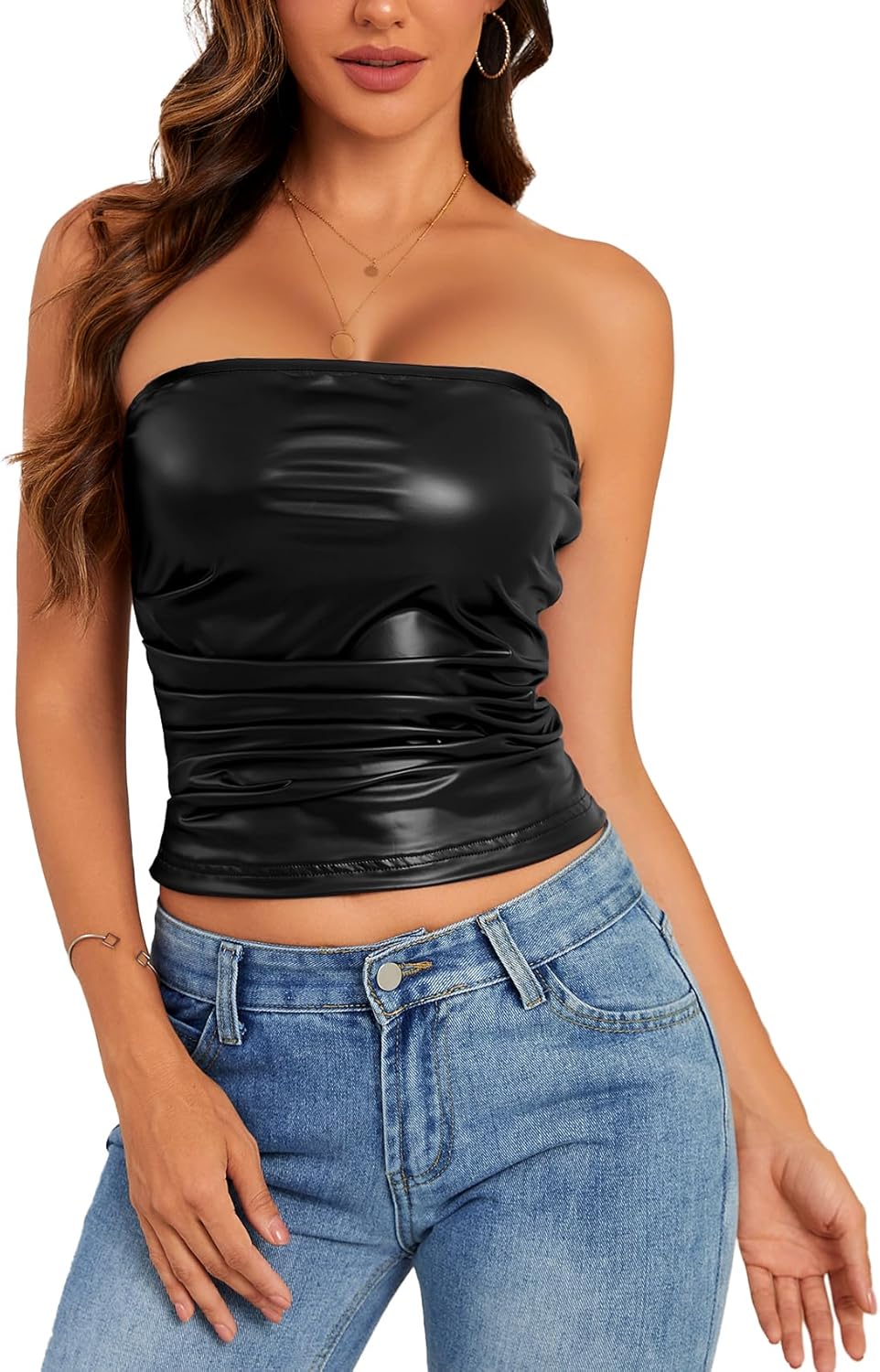 Women's PU Leather Tube Top Strapless Ruched Tank Tops Sexy Bandeau Going Out Shirt Partywear Club Concert Outfit