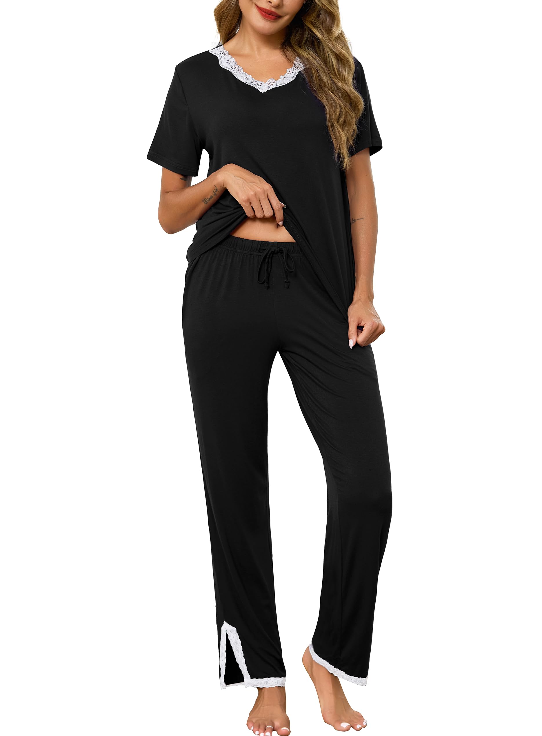 Lovasy Schlafanzug Damen Lang Kurzarm Pyjama Set V-Ausschnitt Spitzen Schlafanzüge für Damen Loungewear Hausanzug