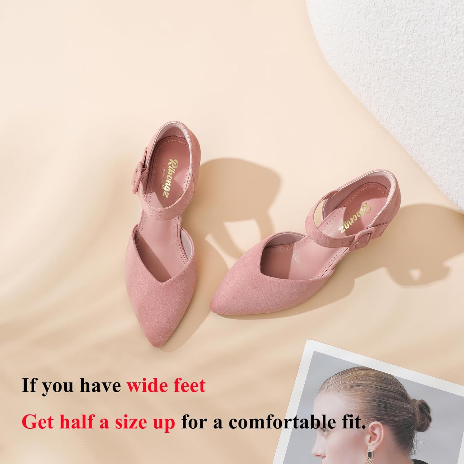RIBONGZ Comfortable Kitten Heels for Women Pointed Closed Toe Ankle Strap Buckle Heels Slip on Low Heel Church Pumps Wedding Bridal Party Dressy Shoes