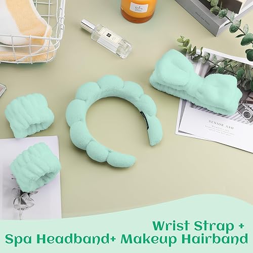 Miniatura 6 de ATROCH Juego de diadema y pulsera de spa, diademas de maquillaje y cuidado de la piel para lavar la cara, banda para la cabeza para mujer, linda