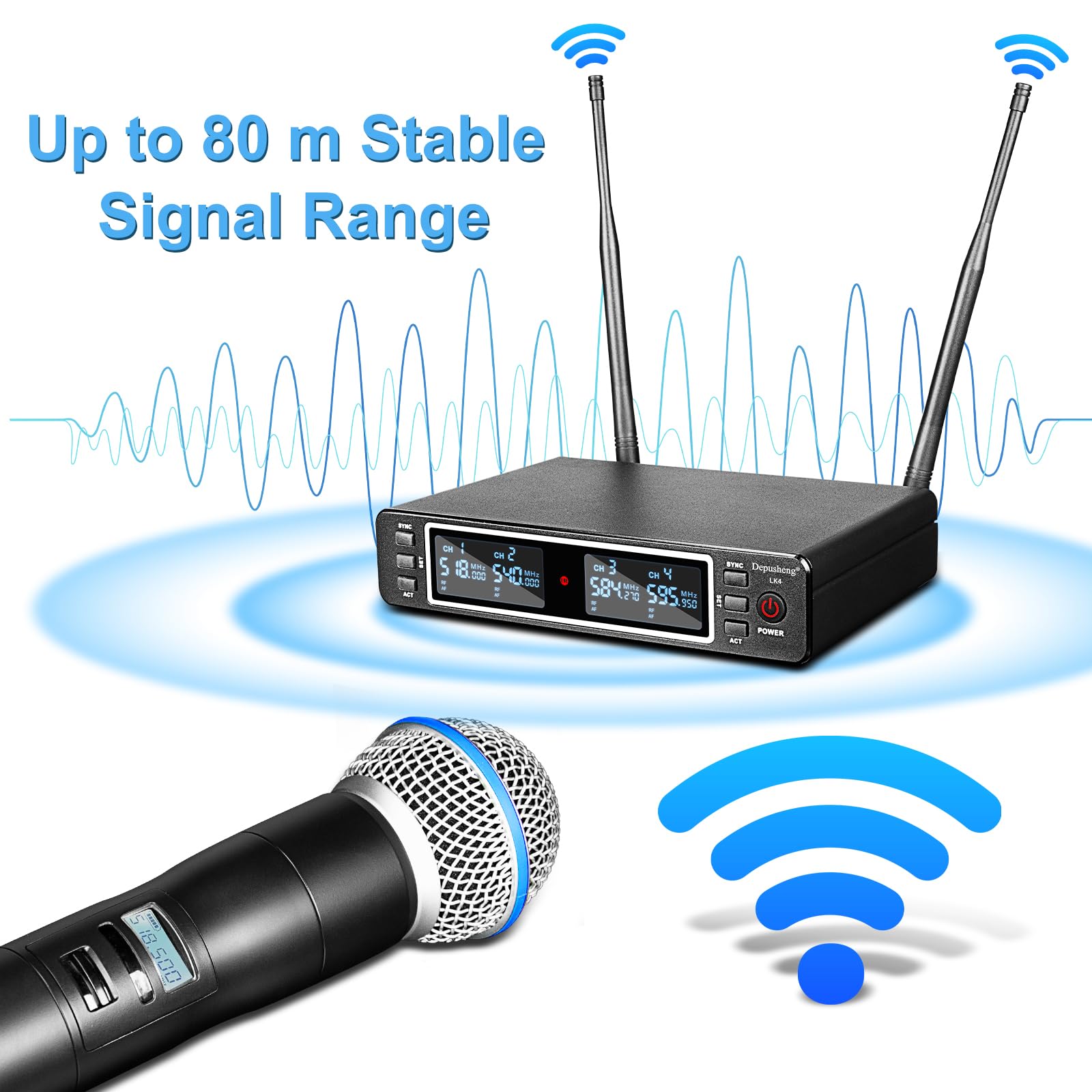 Depusheng LK4 Pro Sistema di microfono senza fili, 4 canali UHF con frequenze regolabili, microfono senza fili con 4 microfoni a mano dinamici, portata di 80 metri, microfono per canto, chiesa