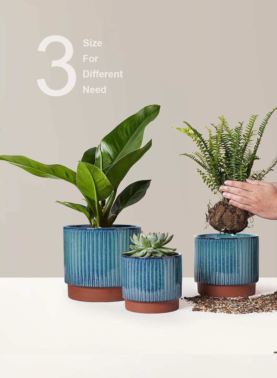 LE TAUCI Vasi per piante in ceramica, 20 + 16 + 14 cm con fori di drenaggio, uso interno/esterno, vasi da giardino a righe in stile moderno, verde smalto reattivo