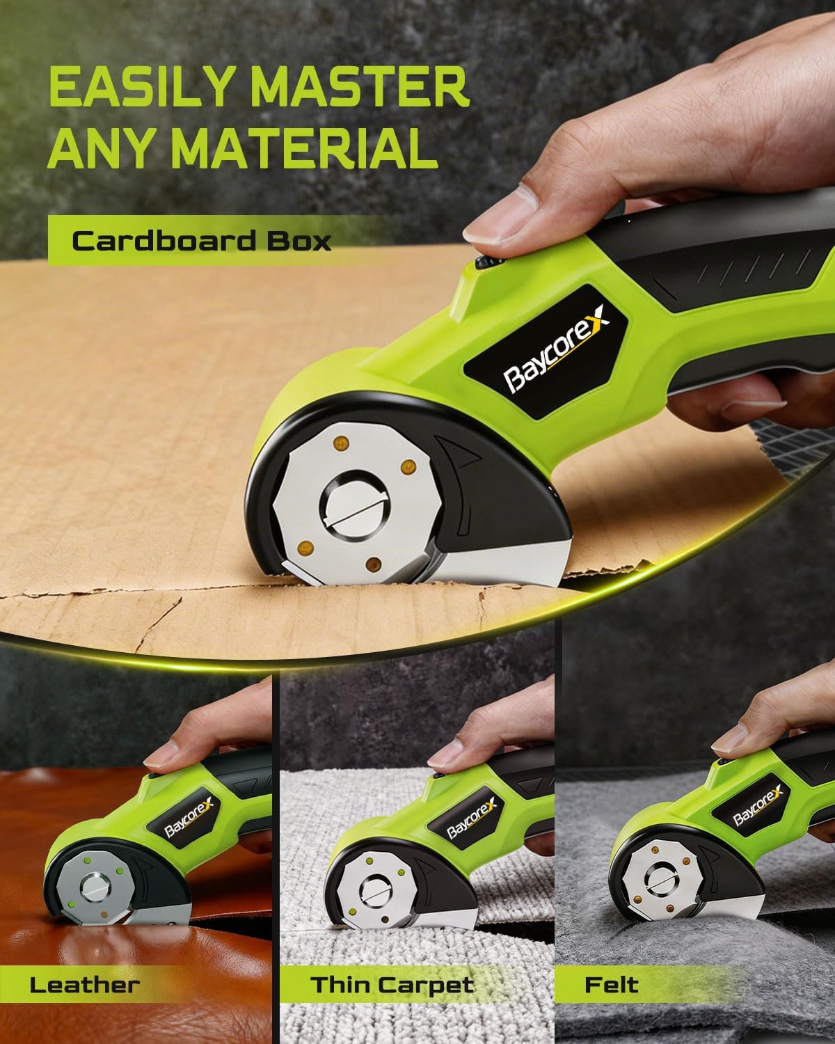 Electric Cardboard Cutter,3000mAh Box Cutter Rechargeable,Cordless Electric Scissors with 2 Blade, 4V Upgrade Motor,Safety Lock & LED Light, Powerful Cutting Tool for Paper Carpet,Green