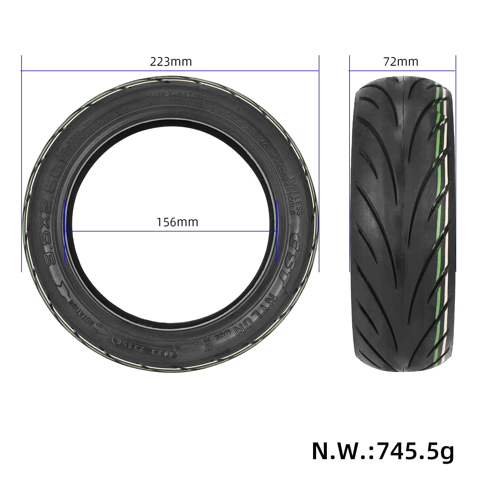 Pneumatici autoparanti da 9,5 x 2,50 pollici per NIU KQi3 Sports/Pro/Max, pneumatici senza camera da 9,5 pollici, auto-parazione, ruote di scorta con valvola (2 pezzi)