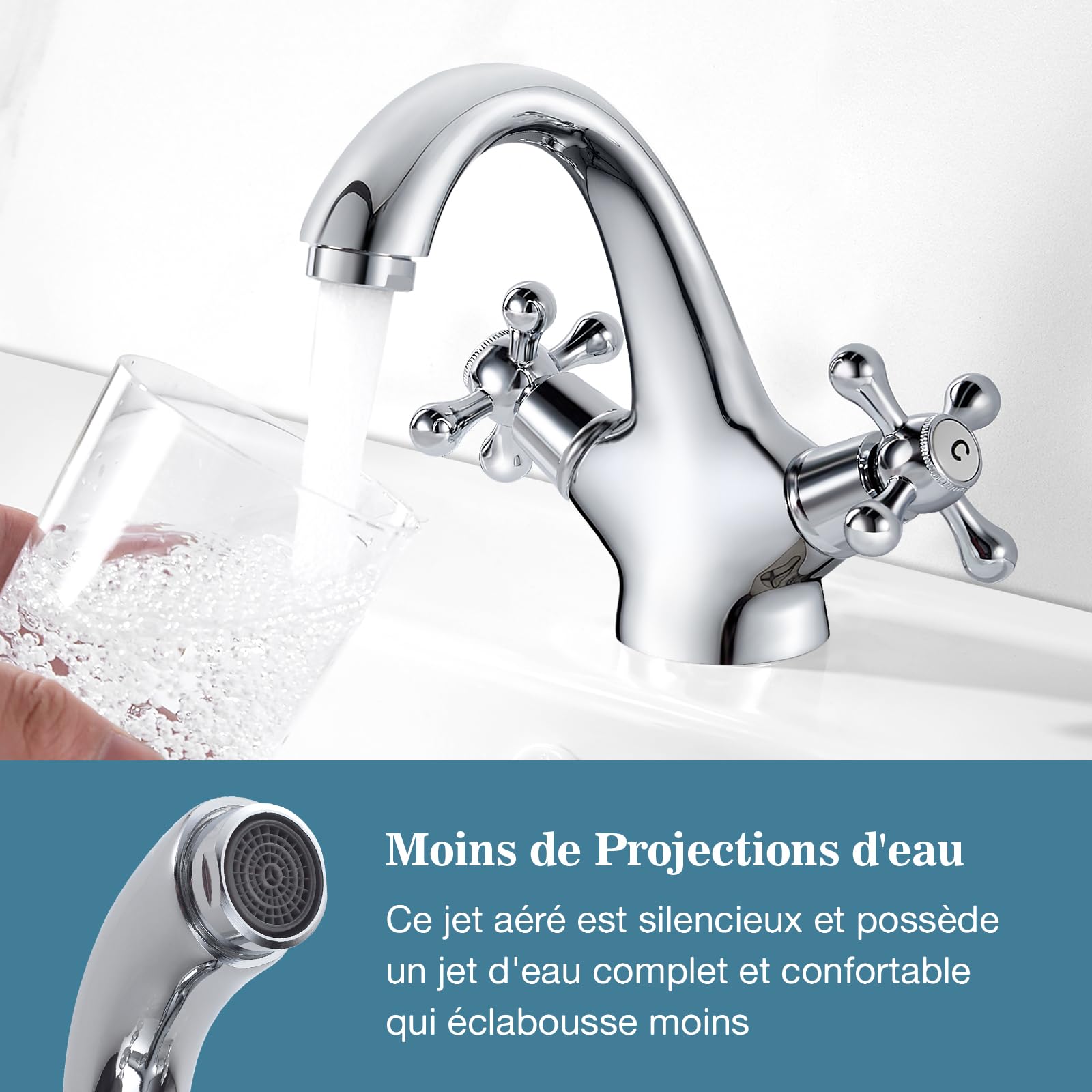 Robinet de Lavabo Rétro, Mitigeur Lavabo Double Poignée, Robinet D'évier de Salle de Bain, Robinetterie de Lavabo avec Eau Chaude et Froide Disponible, Chromé