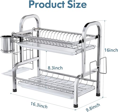 Miniatura 5 de Romision - Escurridor de platos de 2 niveles escurridor de platos compacto de acero inoxidable para encimera de cocina con soporte para cuchillos de