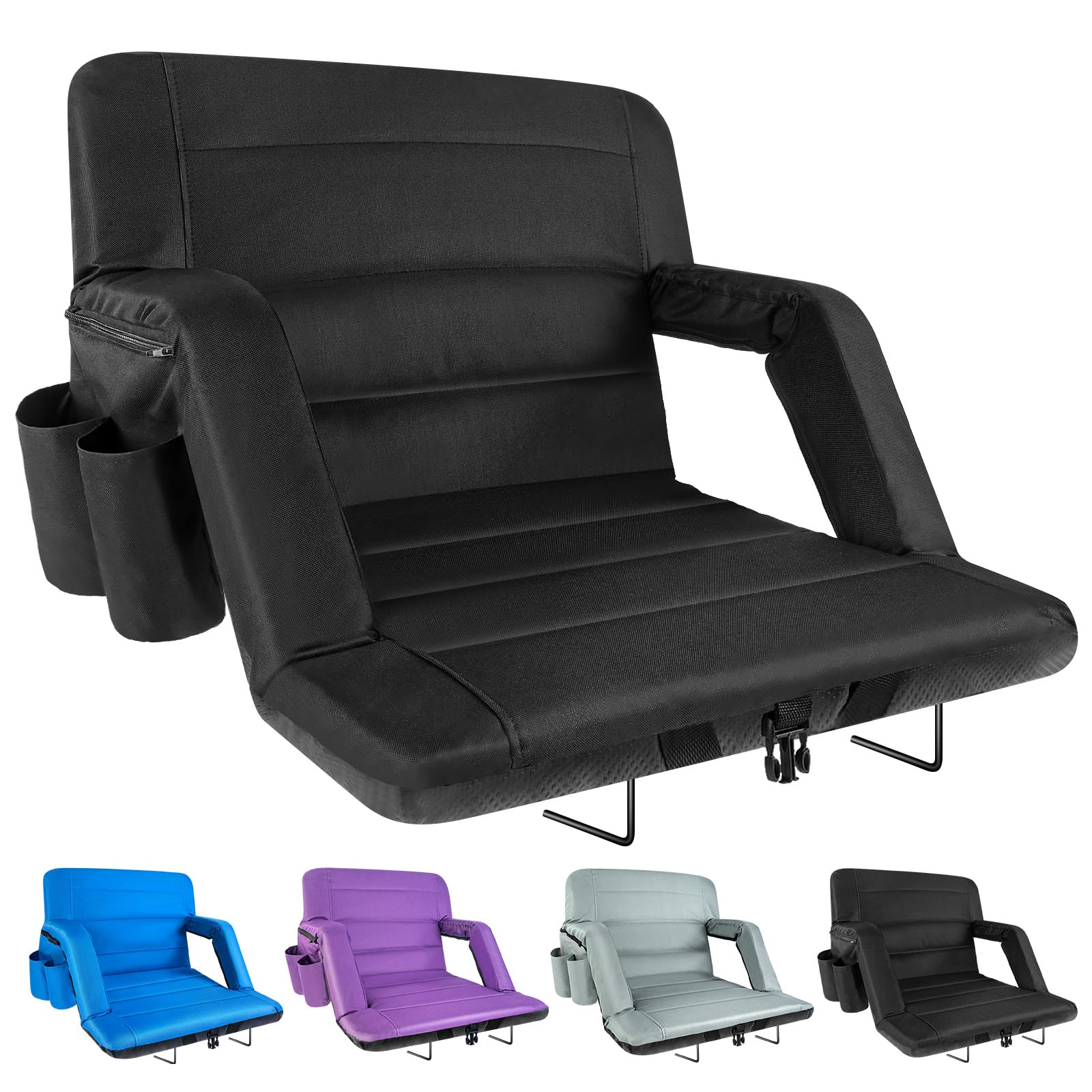 extra wide stadium seats with back support, exclusive bleacher chairs with back and cushion folding stadium chairs, 6 reclining positions waterproof bleacher seats (extra wide|25" black)
