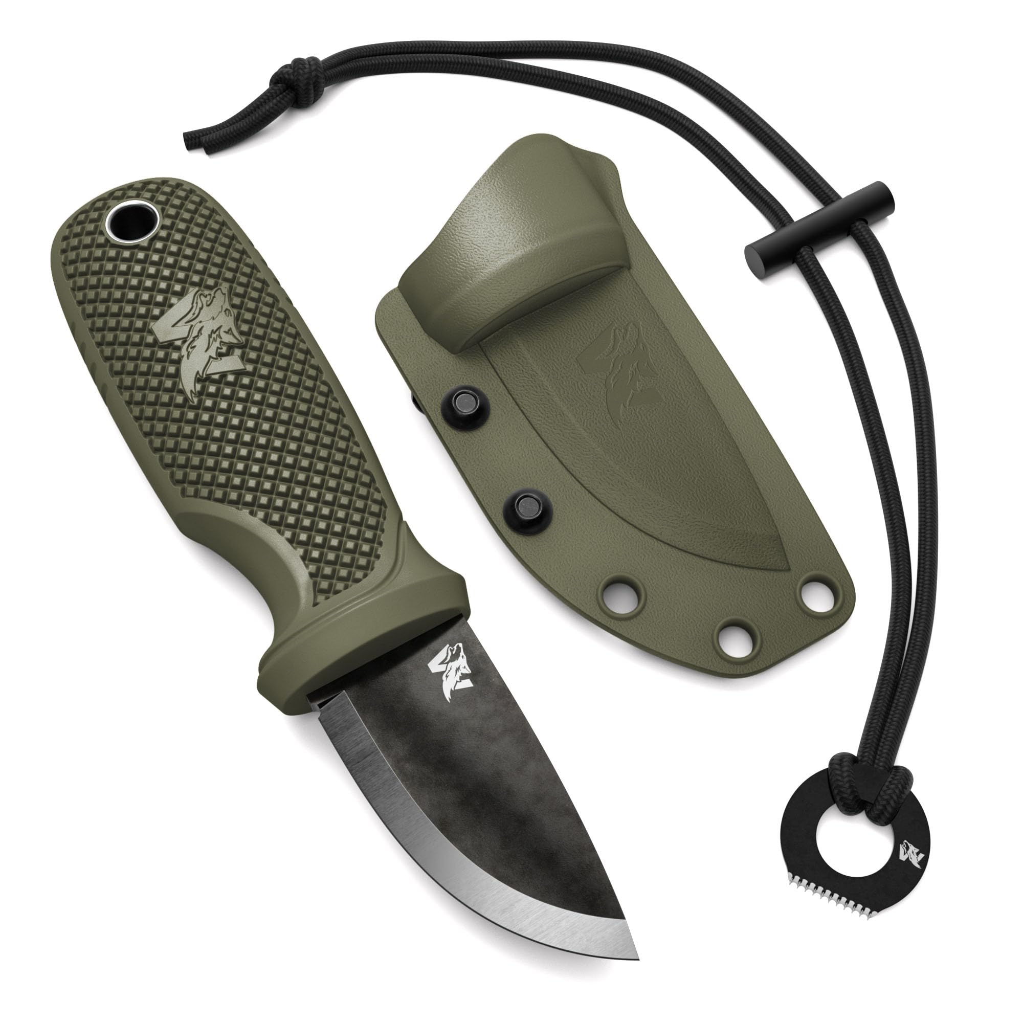 Odenwolf W-Mini 2 Neck Messer aus D2-Stahl - Feststehend mit Holster und Feuerstein - Outdoor, klein und handlich - Halskette