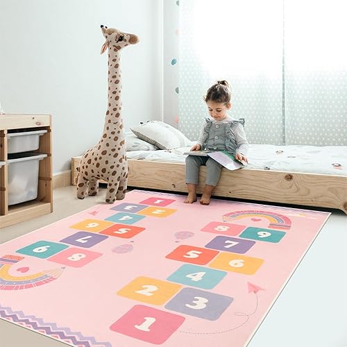 Miniatura 6 de STARUIA Alfombra grande de Hopscotch para niños para dormitorio de niños, alfombra antideslizante lavable para sala de juegos, alfombra rosa suave