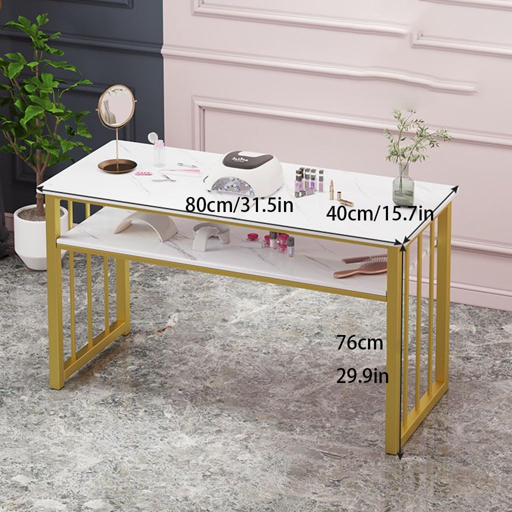 Tavolo portatile per nail art, struttura in metallo a doppio strato con scrivania in marmo, perfetto per manicure, postazione di lavoro per tecnici delle unghie, 80 x 40 x 76 cm