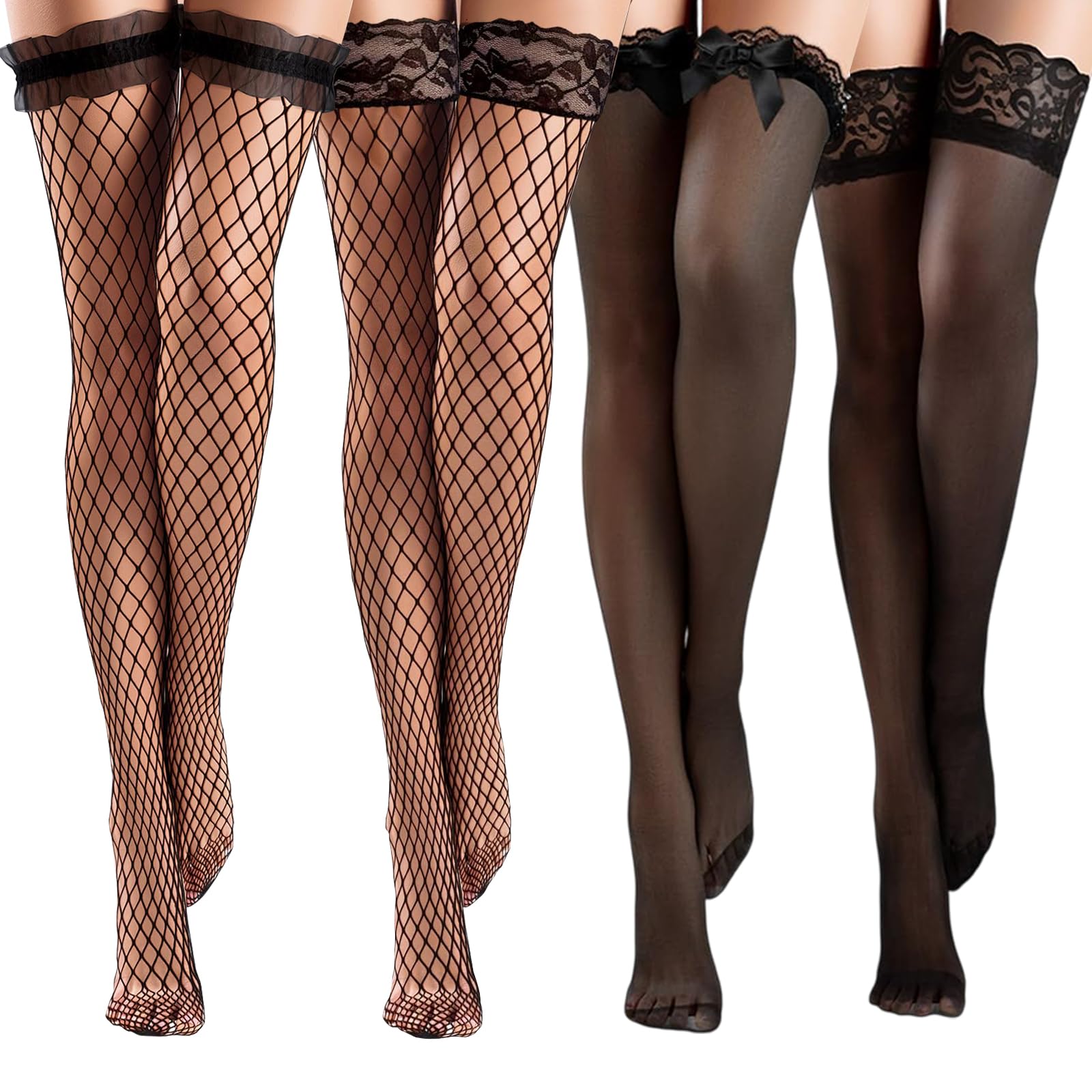 llikknve 4 Pairs Lace Hold Up Stockings For Women, Sexy Fishnet Top Thigh High Stockings, Black Stocking For Women