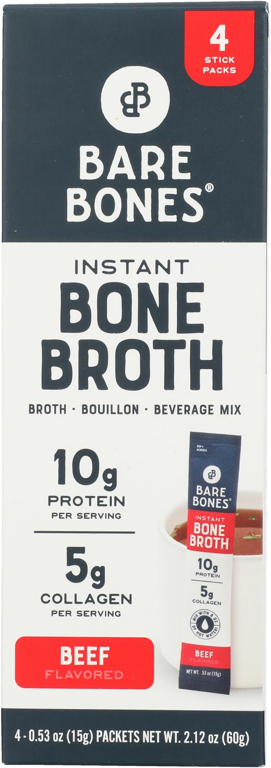 Bare Bones Beef Bone Broth Instant Powdered Mix Packets 4 Pack
