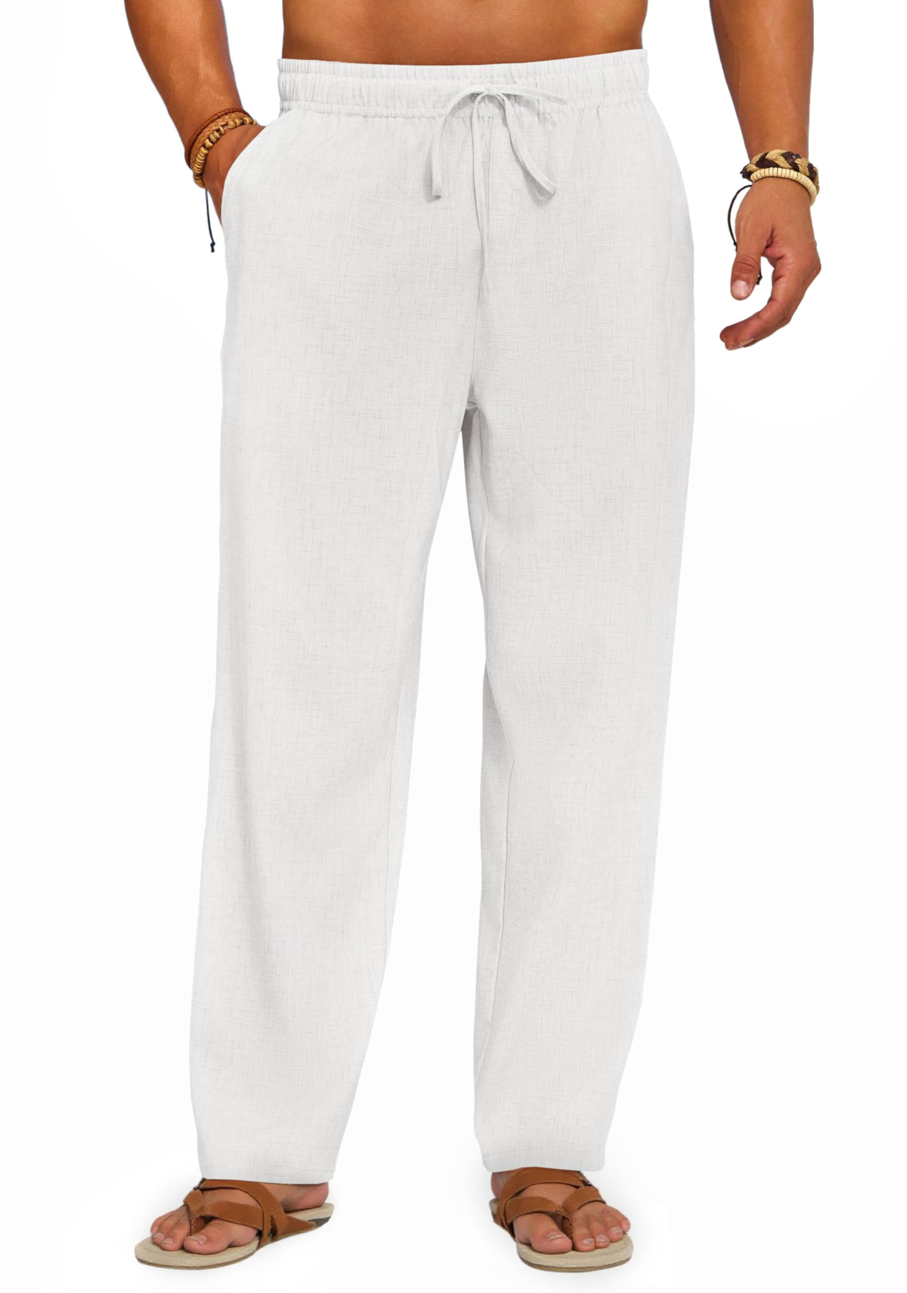 Runcati Mens Casual Linen Pants Elastic Waist Drawstring Summer Beach Pants Lightweight Loose Fit Yoga Trousers