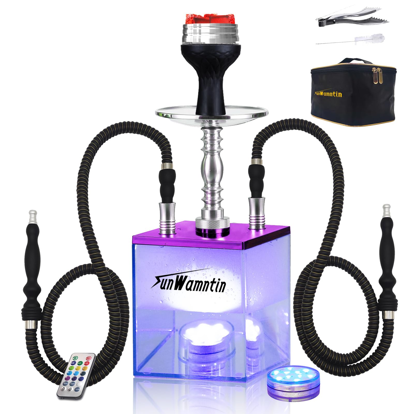 Purple 2 Hose Large Hookah – Square Large Cloud Production Hookah Set with Everything, Travel Shisha Kit with LED Base, Cleaning Brush and Portable Bag
