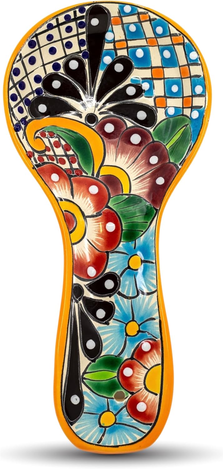 Talavera Spoon Rest – Hand-Painted Ceramic Utensil Rest Handmade in Mexico, 10" Large for Stove Top and Counter, Dishwasher Safe Lead Free, Gift Ready Cuchara Multicolor