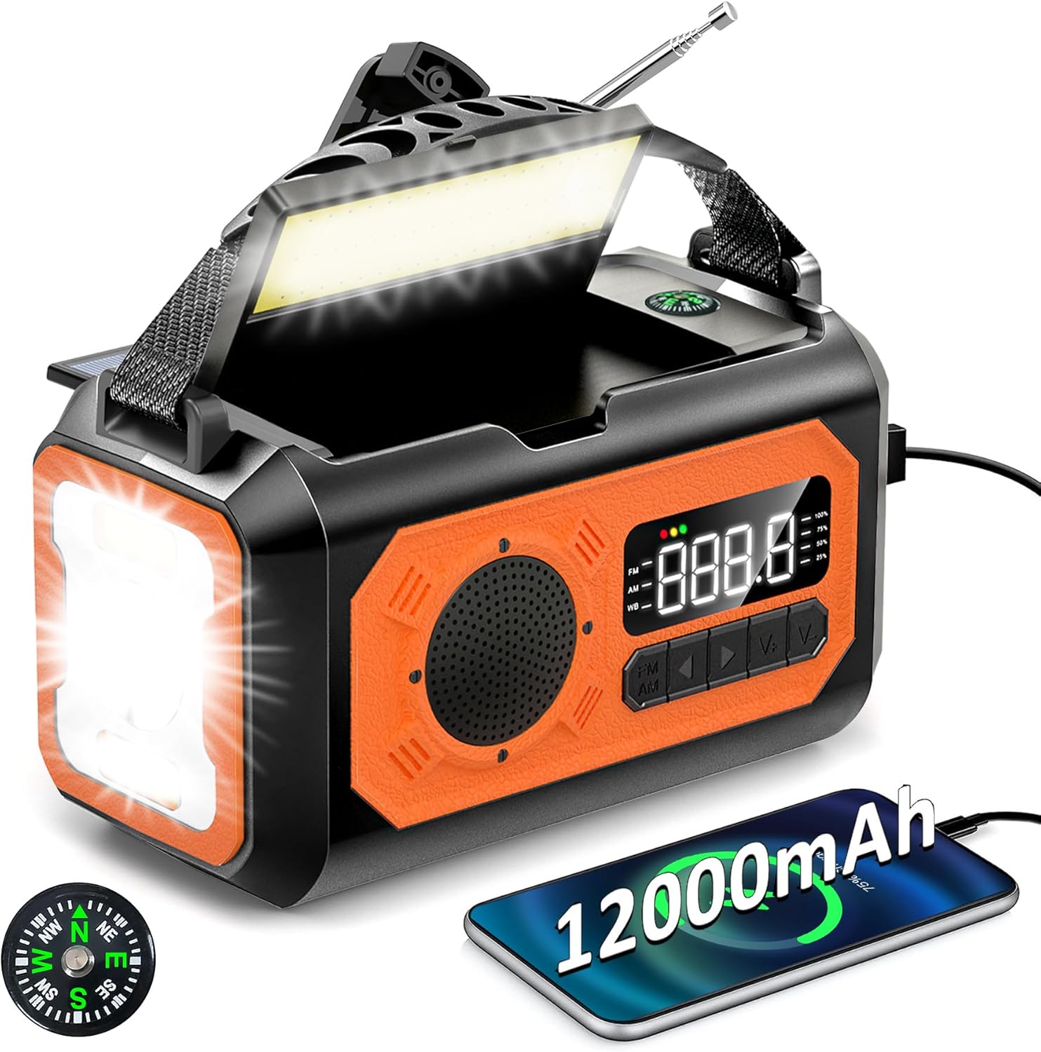 【2024 Newest】12000mAh Emergency Weather Radio, Hand Crank Radio, Portable AM/FM/NOAA Radio with 2 Solar Panels, Multi-Function Solar Radio with Flashlight Reading Lamp SOS, Compass, Power Bank(Orange)