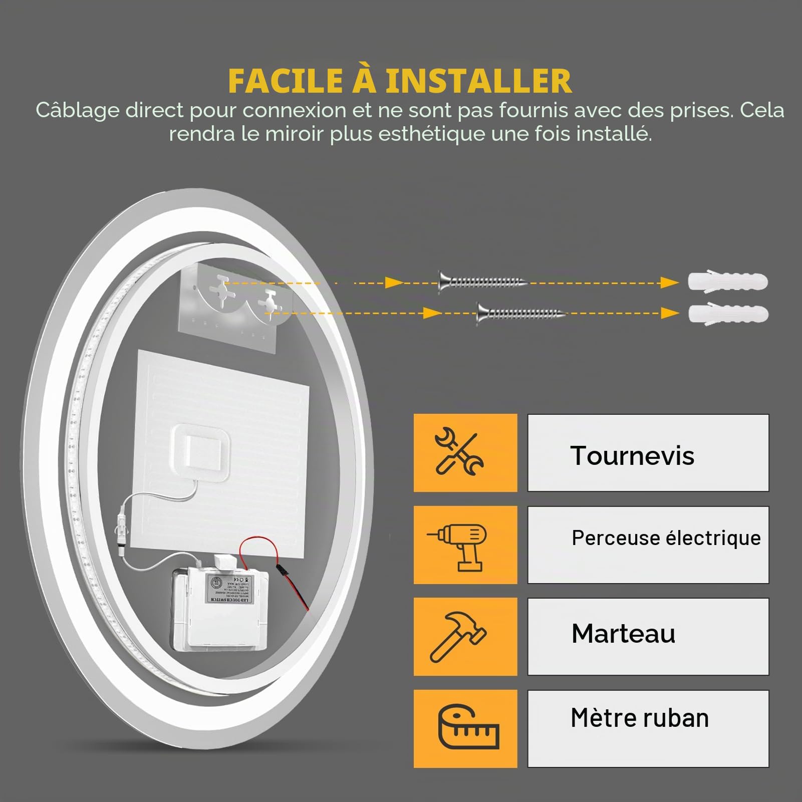 Miroir de Salle de Bain avec Éclairage 60 x 60 cm, Miroir LED Circulaire avec Anti-Buée, Dimmable, 3 Températures de Couleur, Réglage de L'heure, Fonction Mémoire, Capteur Tactile