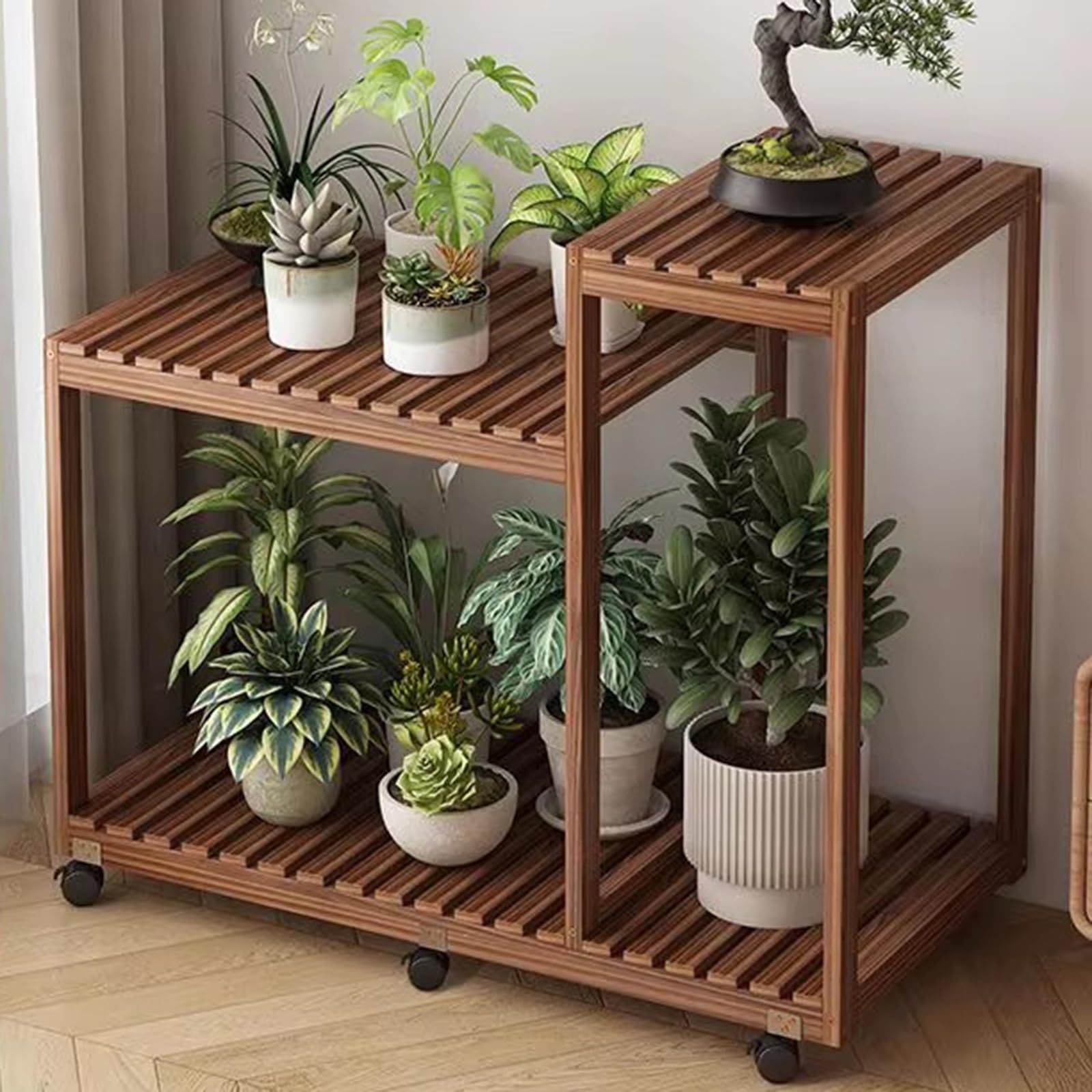 Supporto per Piante multilivello in Legno massello con Ruote. Scaffalatura Versatile per Interni ed Esterni, Ideale per soggiorni, balconi, Giardini e camere da Letto. Elegante por