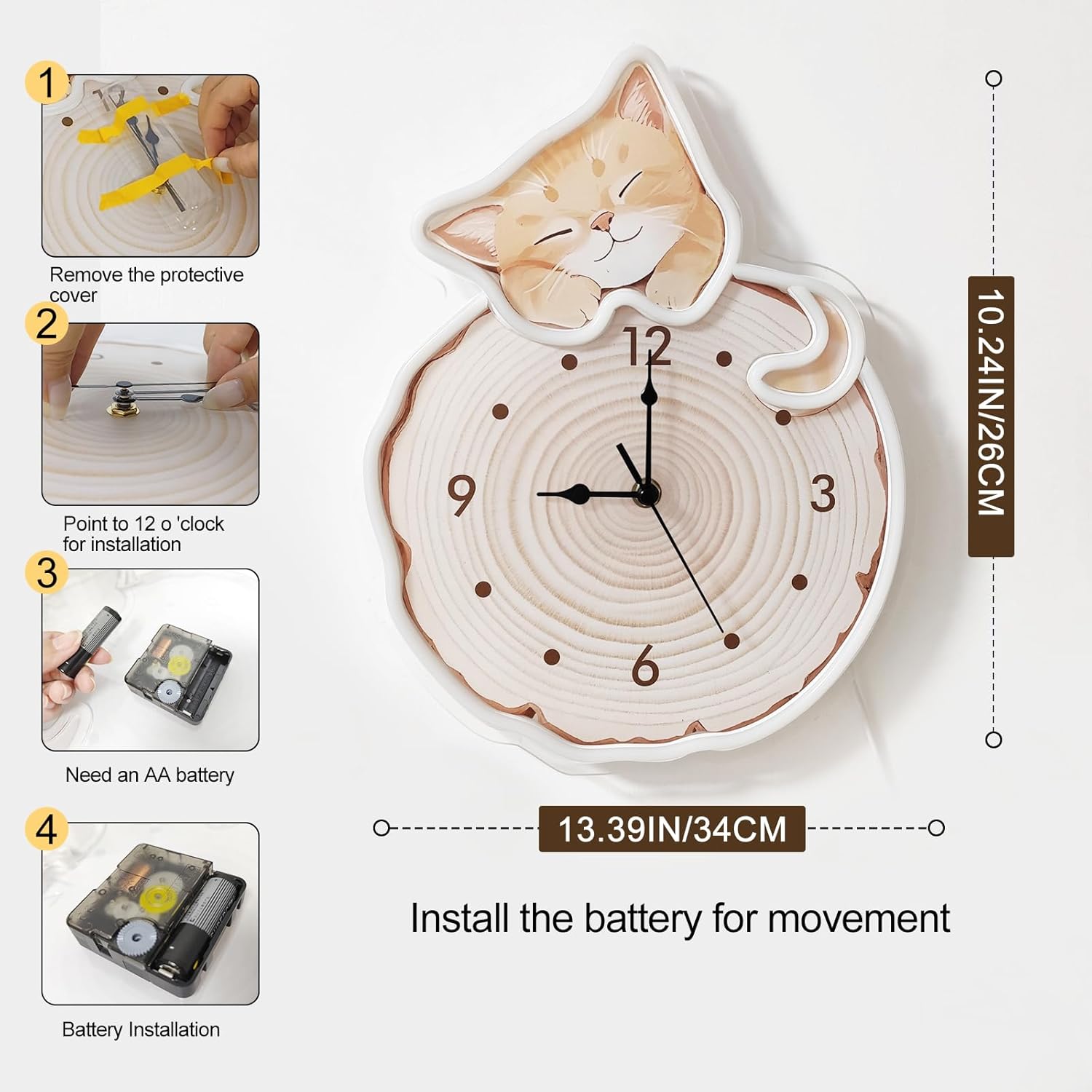 Silent Sleepy Cat Shaped Lighted Clock, LED Night Light Wood Slice Decor Clock For Bedroom, Nursery, Living Room, Kids Room, Cat Lovers Gift