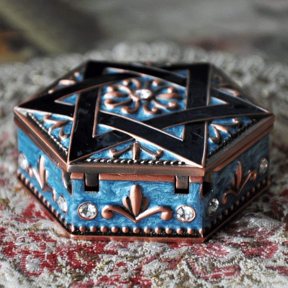 HAOTINGVintage Jewelry Treasure Chest Box, Antique Geometric hexagon Plated Tin Zinc Alloy Trinket Jewelry Case with Metallic Floral Engraved, Unique Keepsake Gift Case for Home Decor,Box Holders
