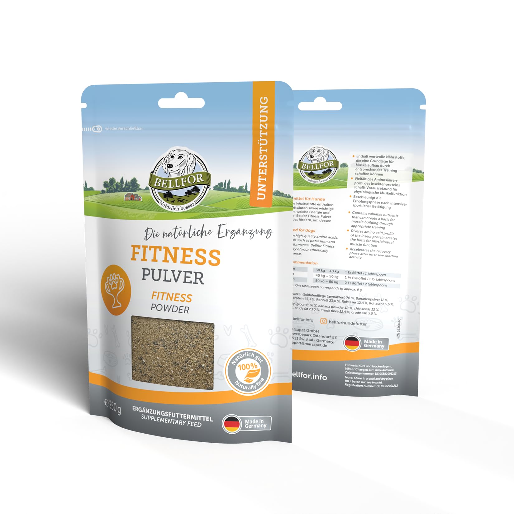 Bellfor Fitnesspulver für Hunde 250 g – Ergänzungsfuttermittel mit Insektenprotein und Aminosäuren für aktive Hunde