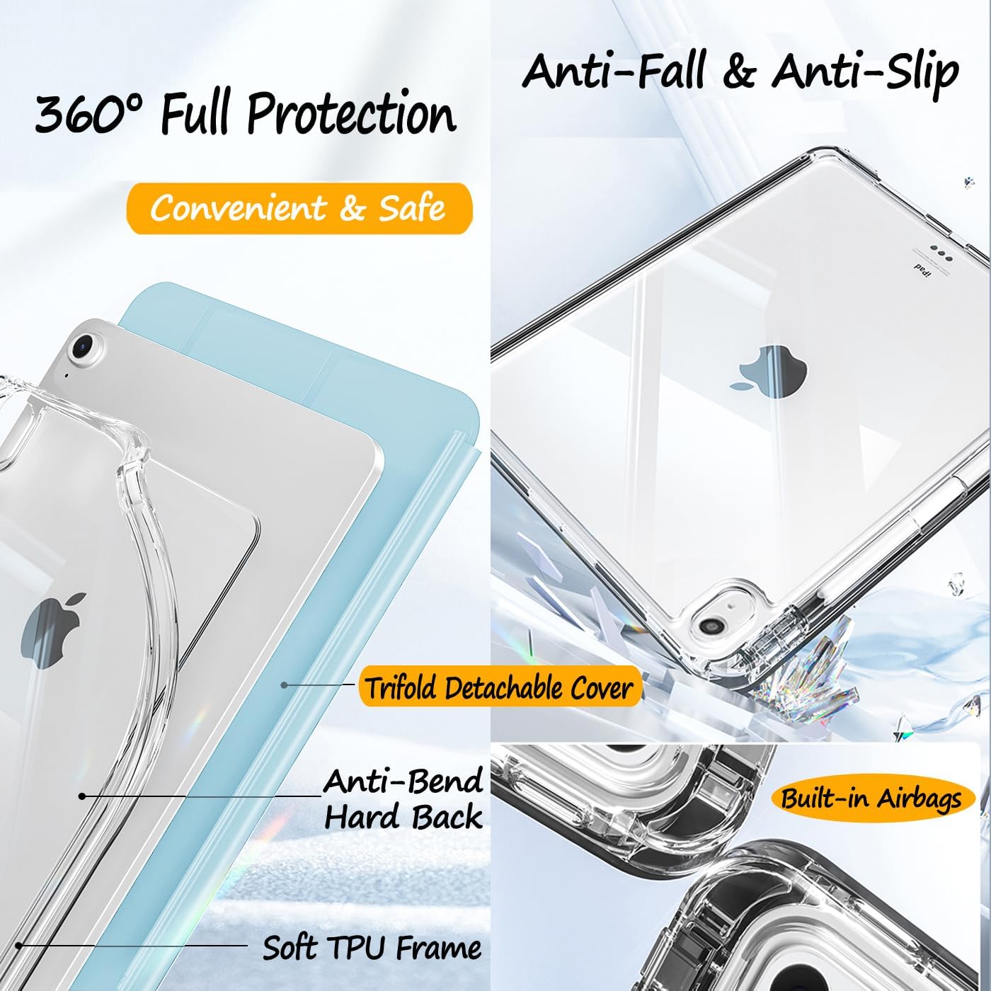 Case for iPad Air 11 Inch M4 (2026 8th)/M3 (2025 7th)/M2 (2024 6th Generation), 5th/4th Gen (2022/2020) 10.9 Inch with Pencil Holder, Detachable Slide Trifold Stand, Slim Clear Back Shell (Blue)