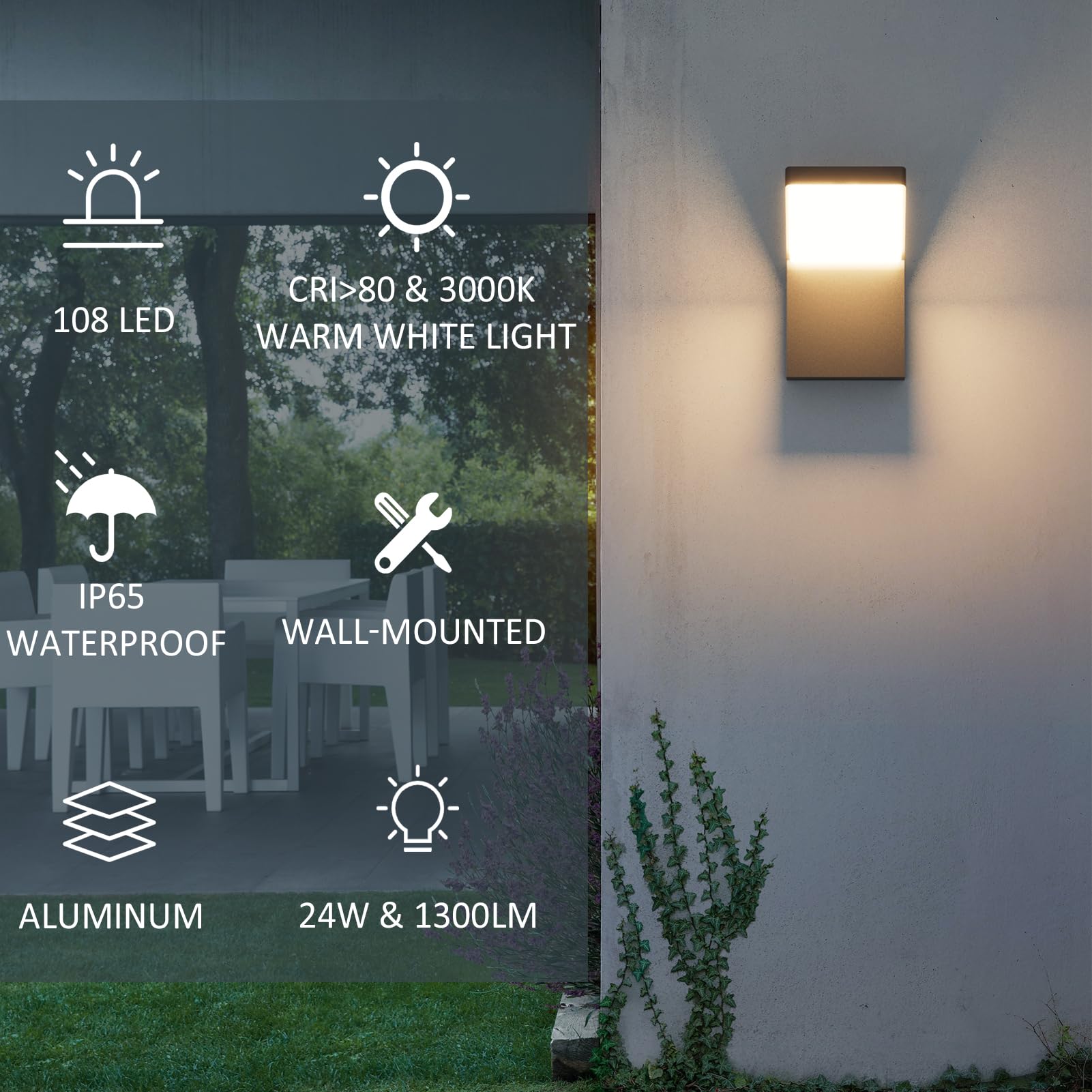 Irotine 24W LED Outdoor Wall Lights – 2-Pack, 3000K 1300LM, IP65 Waterproof, Black Aluminum Sconces For Porch, Garage & Garden
