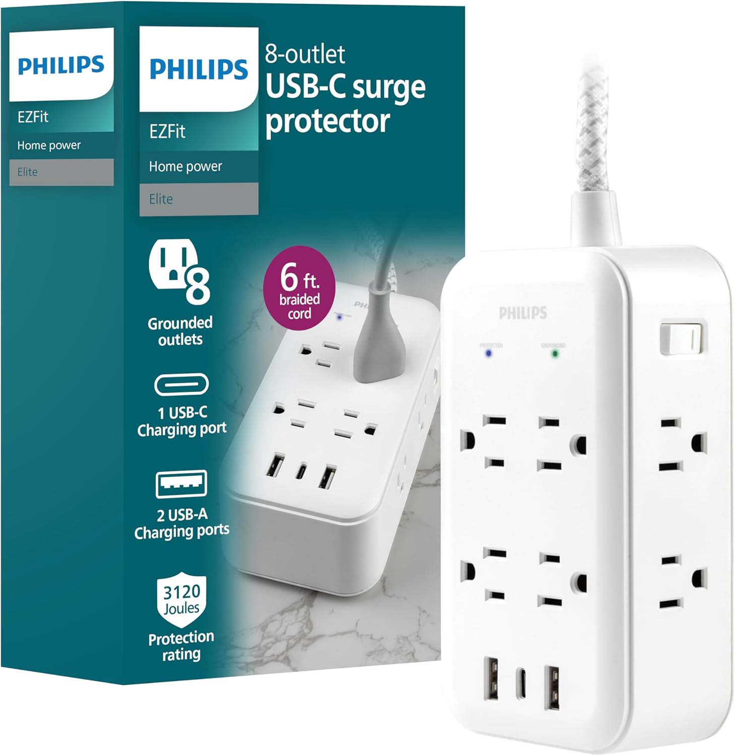 Philips Surge Protector, 8 Outlet, 2 USB-A, 1 USB-C, 17W, 3120J, Braided Cord, 6ft, White