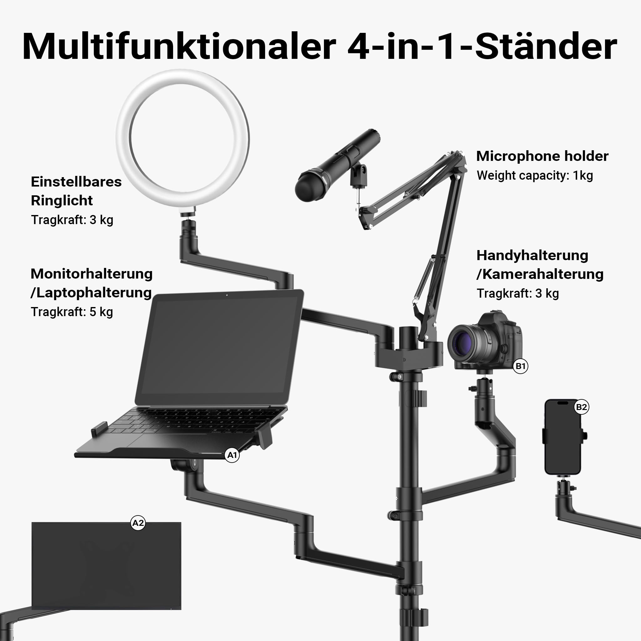 Wiltec 4 in 1 Tischstativ, Multifunktionales Kamera Stativ mit Tischklemme, Ringlicht mit Stativ 3 Farbmodi, Mobile Halterung für Streaming Setup