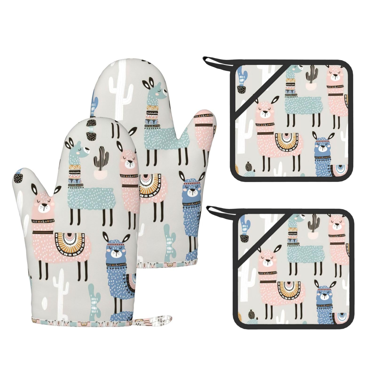 Llama Cactus Printed Oven Gloves and Hot Pads Set of 4, High Heat Resistant Silicone Mitts for Cooking BBQ