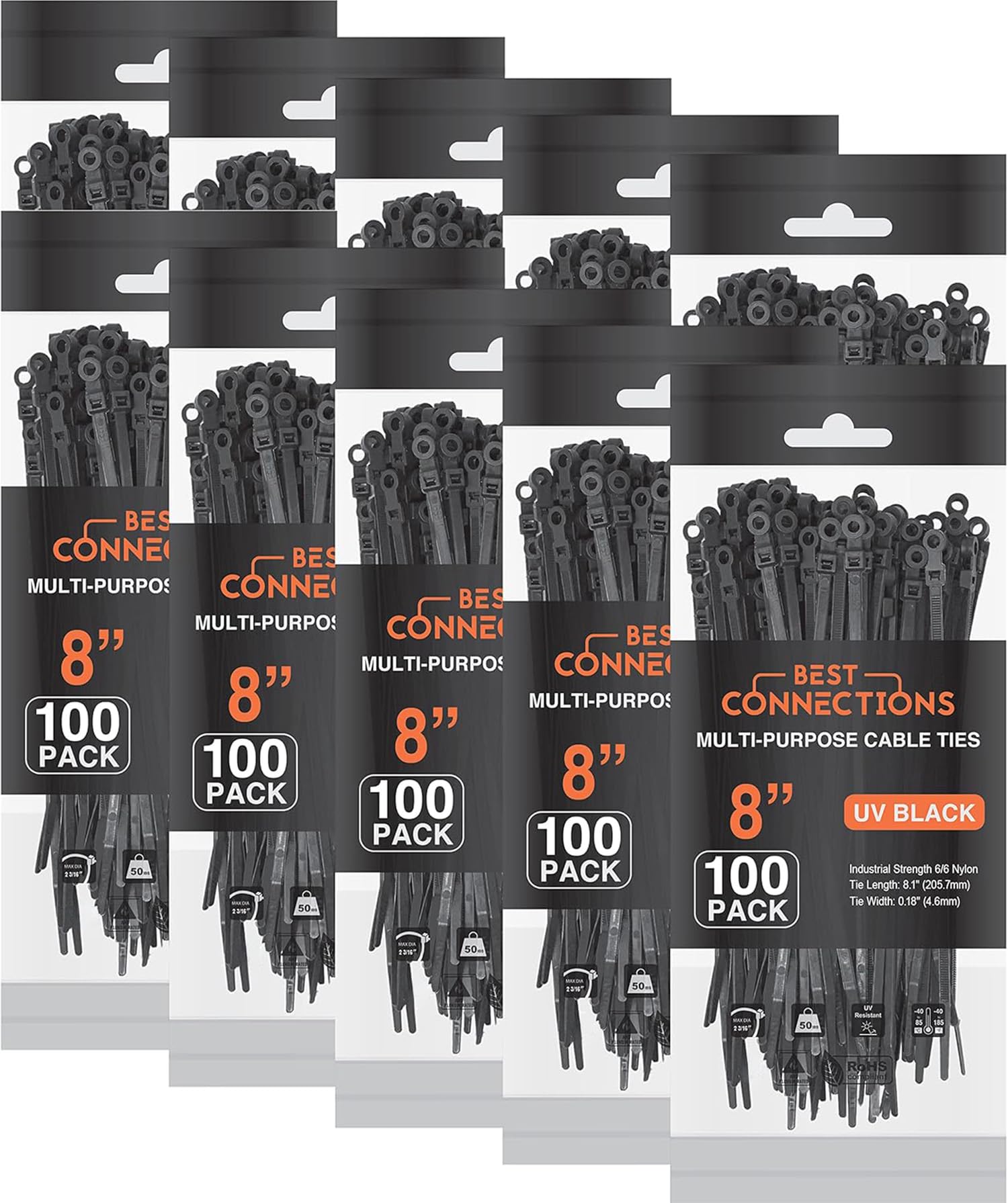1000 fascette da 20,3 cm, in nylon, con foro di montaggio, test 22,7 kg, colore: nero