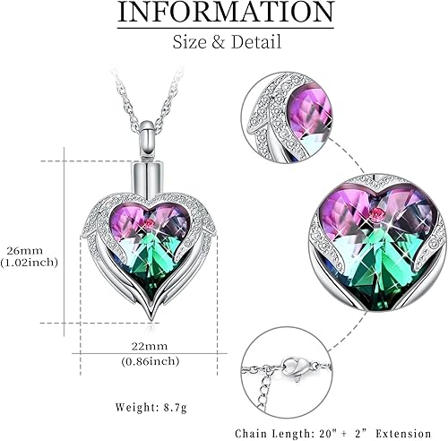 Miniatura 9 de shajwo Collar de urna de corazón de ala de ángel para cenizas para mujer, colgante conmemorativo de cenizas de mascotas humanas