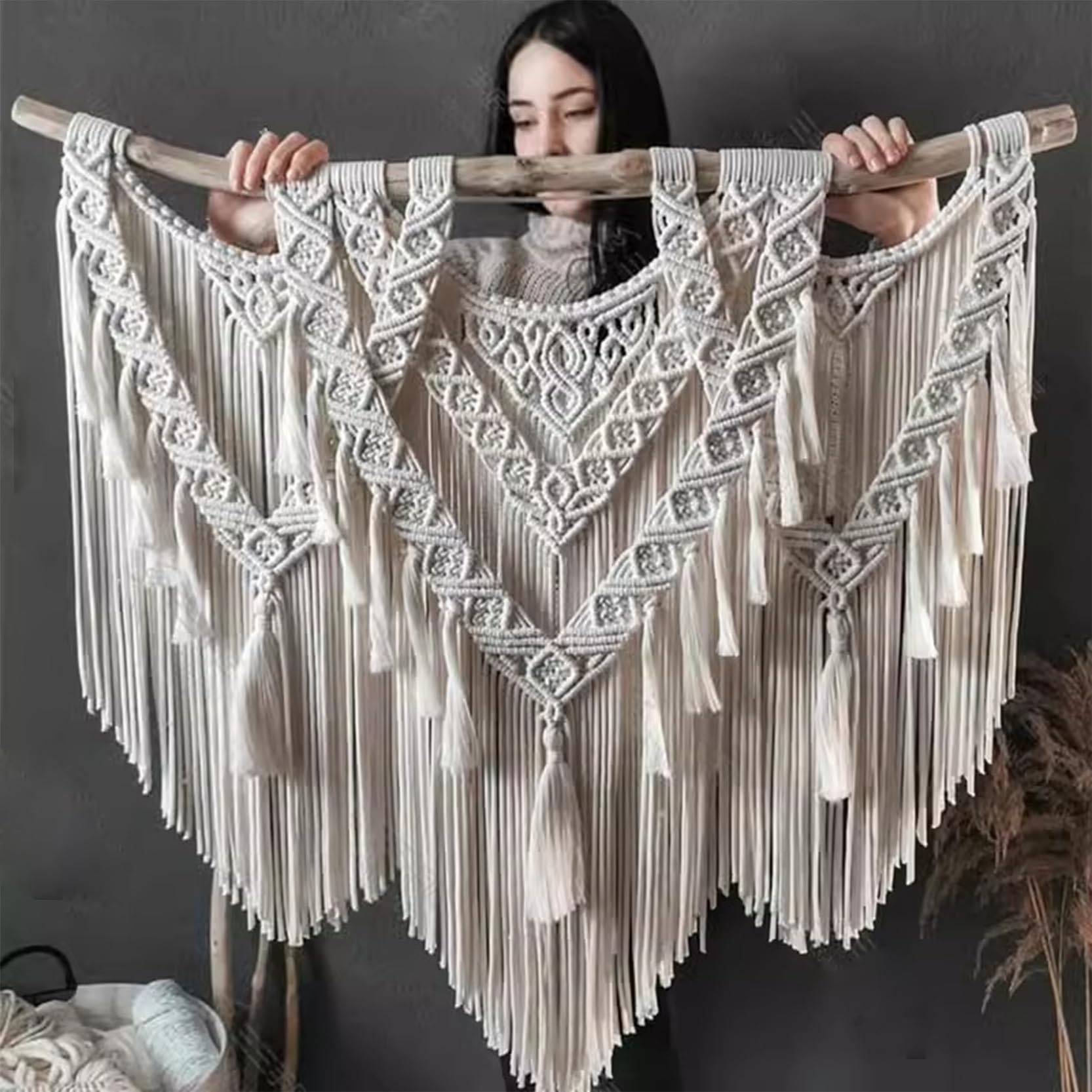 Macrame Pared Colgante Grande, decoración Boho, Tapiz de Cuerda de algodón Natural Colgante de Pared, decoración de Pared de Macrame de Borla Bohemia para Sala de Estar,Beige-120x100cm