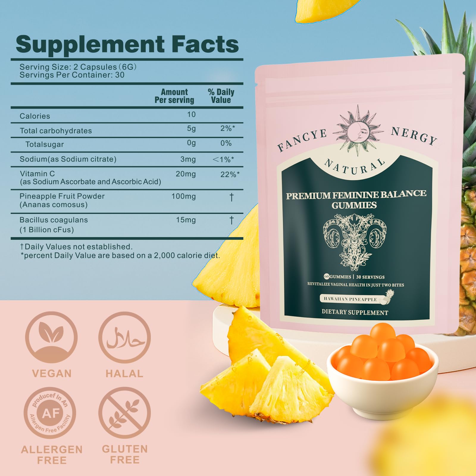 Premium Feminine Balance Gummibänder für Frauen - Hawaiianischer Ananasgeschmack für Frauen, pH-Ausgleich und Gesundheit des Verdauungssystems, Immununterstützung, GVO-frei, vegan.