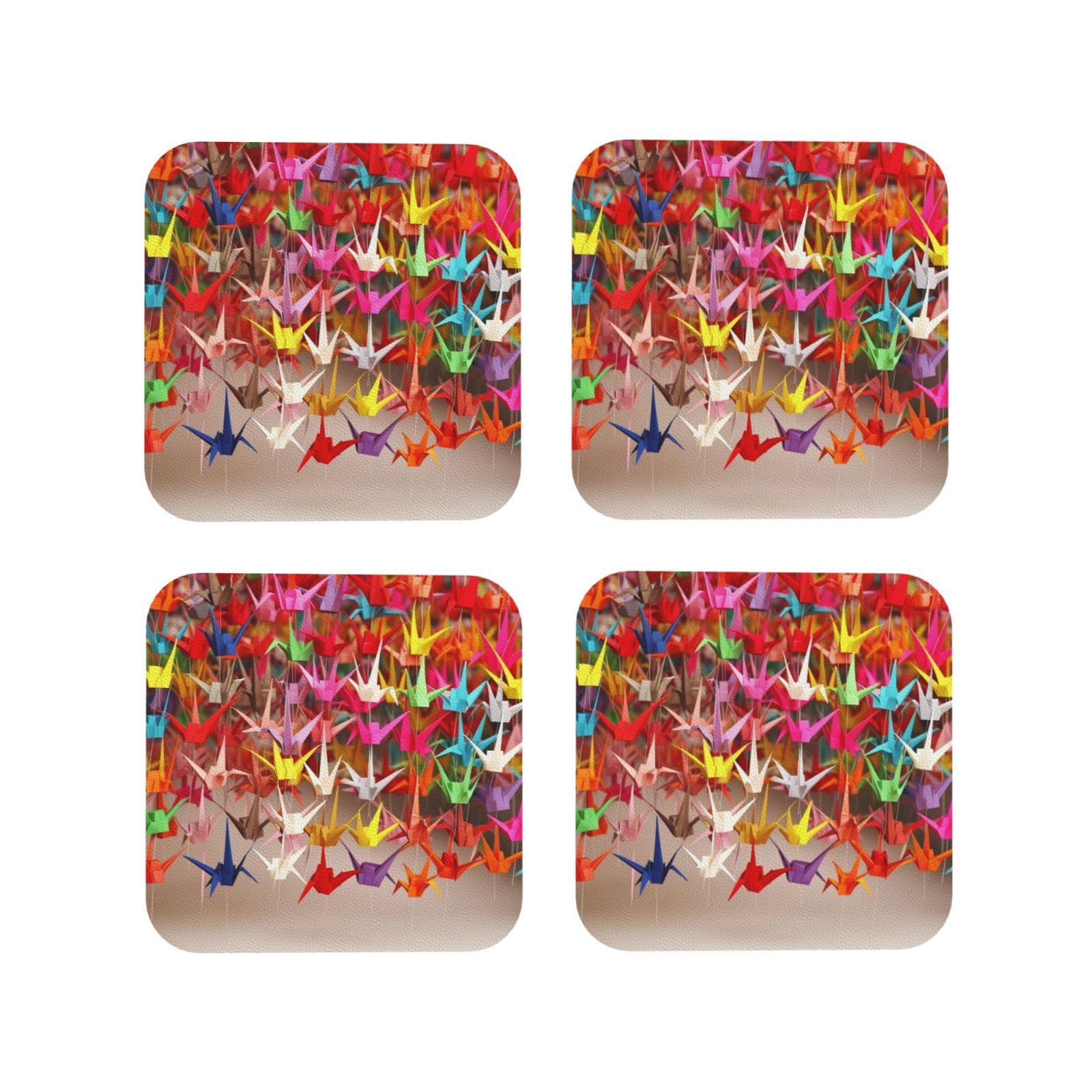4Pcs PU Leather Coaster for Drinks, Origami Paper Cranes Cup Coastersr 4" Cup Mat Pad, Aesthetic Drink Coasters for Coffee Table, Square Coaster for Tabletop Protection