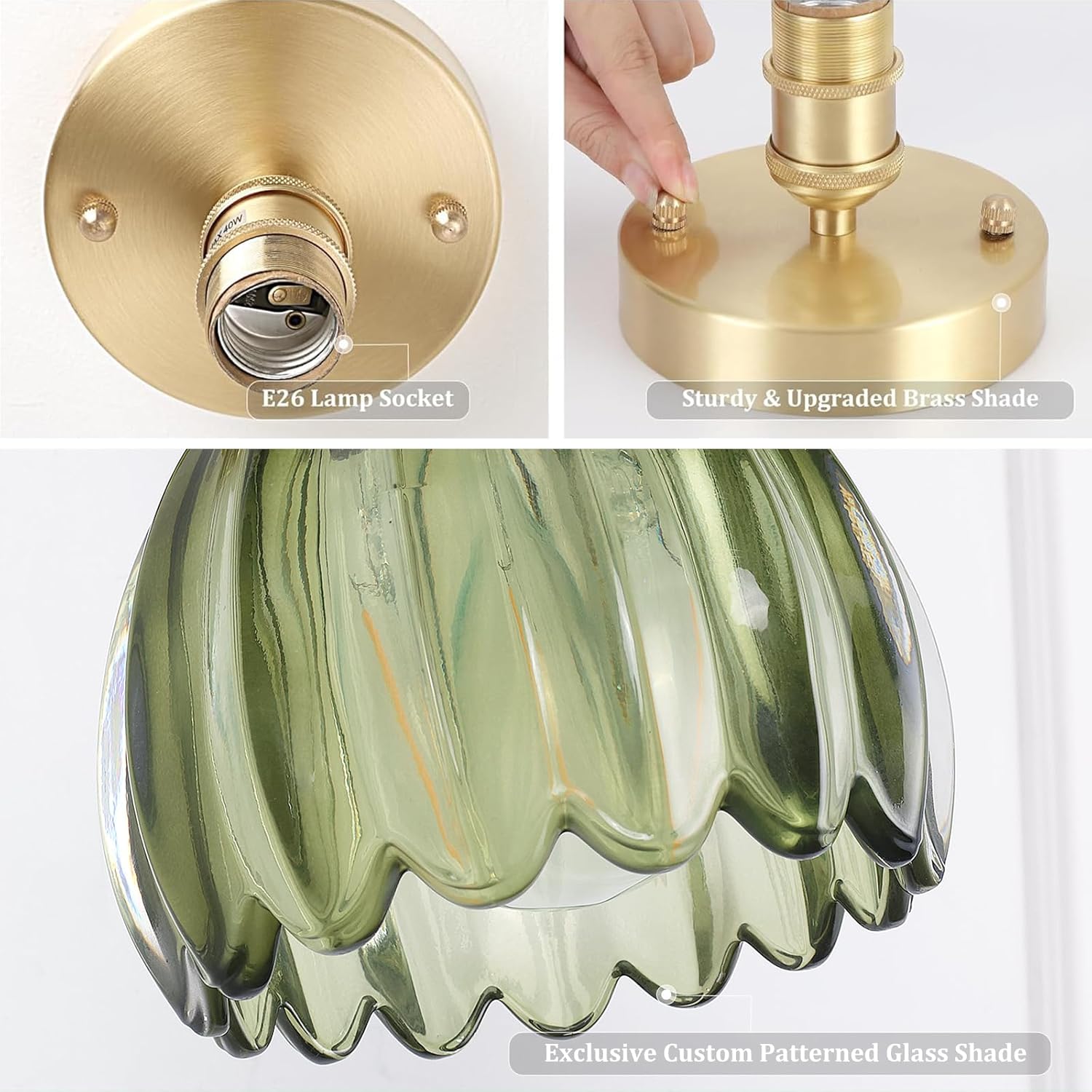 Semi Flush Mount Vintage Lights - Gold Hallway & Porch, 4.72" Base Modern Ceiling Light Fixture, Green Tulip Glass, Bulb Included