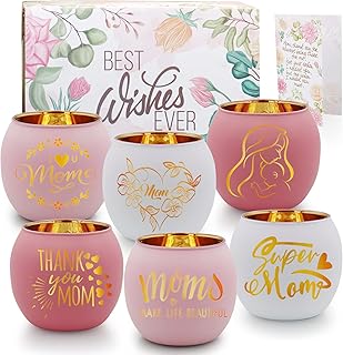 Birthday Gifts for Mom, Delicate Mother Gifts from Daughter Son, Engraved Glass ealight Votive Candle Holder Pink, Mothers Day Christmas Birthday Gifts for Mom, Ideas 6PCS