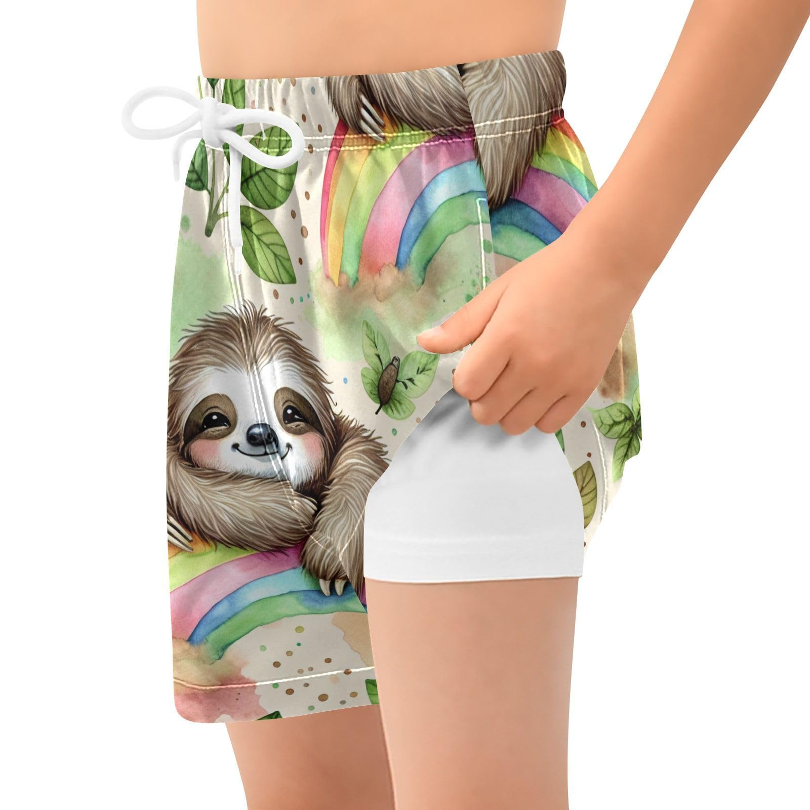 YANENDIE Boy Swim Trunks with Compression Liner Cute Sloth on Rainbow Boys Swim Shorts Quick Dry Beach Shorts