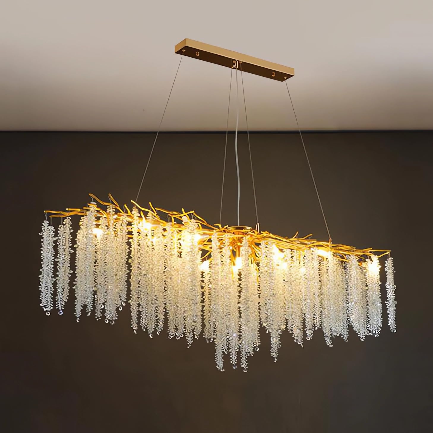 KXEcoLife Modern Crystal Tree Branch Chandelier, Luxury Raindrop Pendant Light Fixture Hanging for Dining Room Bedroom Living Entryway,Rectangle L120cm