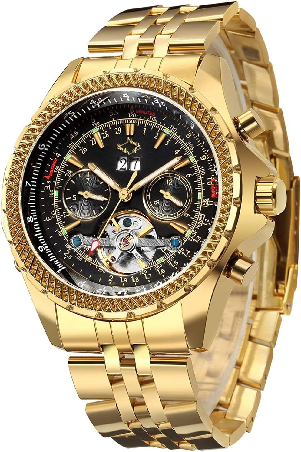 Mens Watches, Mechanical Automatic Stainless Steel Waterproof Watch for Men, Luxury Big Face Multi Functional Tourbillon Calendar Wristwatch, Gold, 40 mm, Mechanical,Automatic Watch