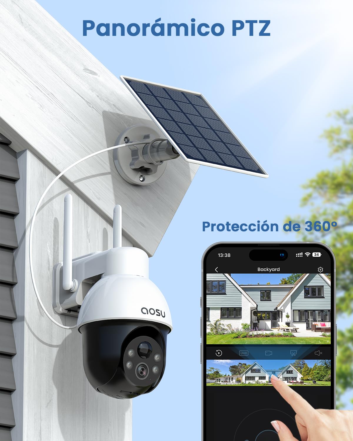 aosu 3K 5MP Cámara Vigilancia Exterior Solar, WiFi Cámara de Seguridad Inalámbrico con Batería, 360° PTZ Panorámica, Seguimiento Automático, Alertas de Movimiento, Audio Bidireccional, 2pz