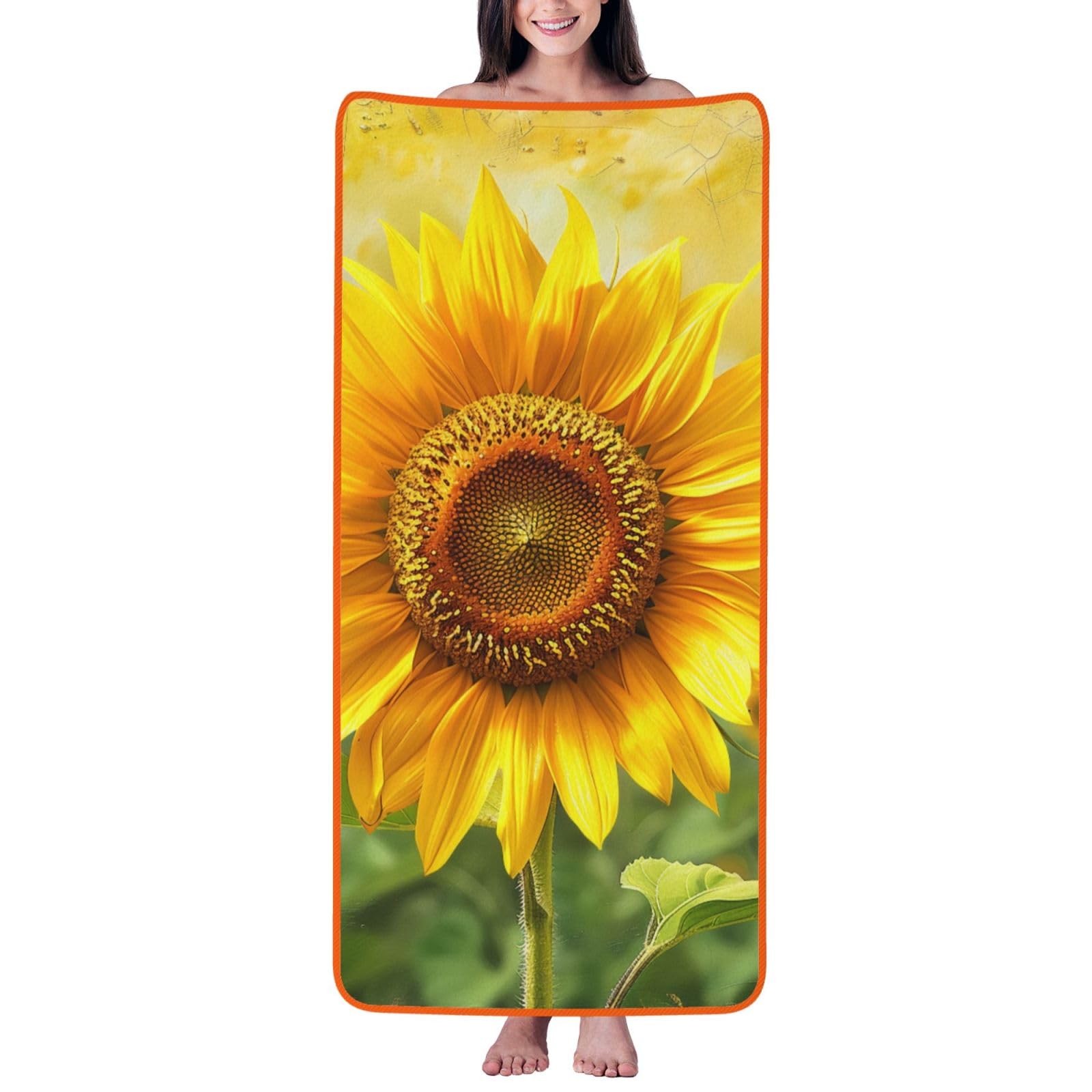 WPKJU Sunflowers Printed Bath Towel with Orange Edging - 27x55 in Soft Extra Absorbent Coral Velvet Shower Towels for Bathroom