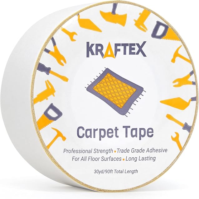 Double Sided Carpet Tape 90ft/30Yrd Roll Double Sided Tape Heavy Duty for Rugs, Mats, Pads & Runners. Rug Tape for Hardwood Floors, Tile, Laminate. 2 Sided Unique Adhesive Heavy Duty Double Stick Tape