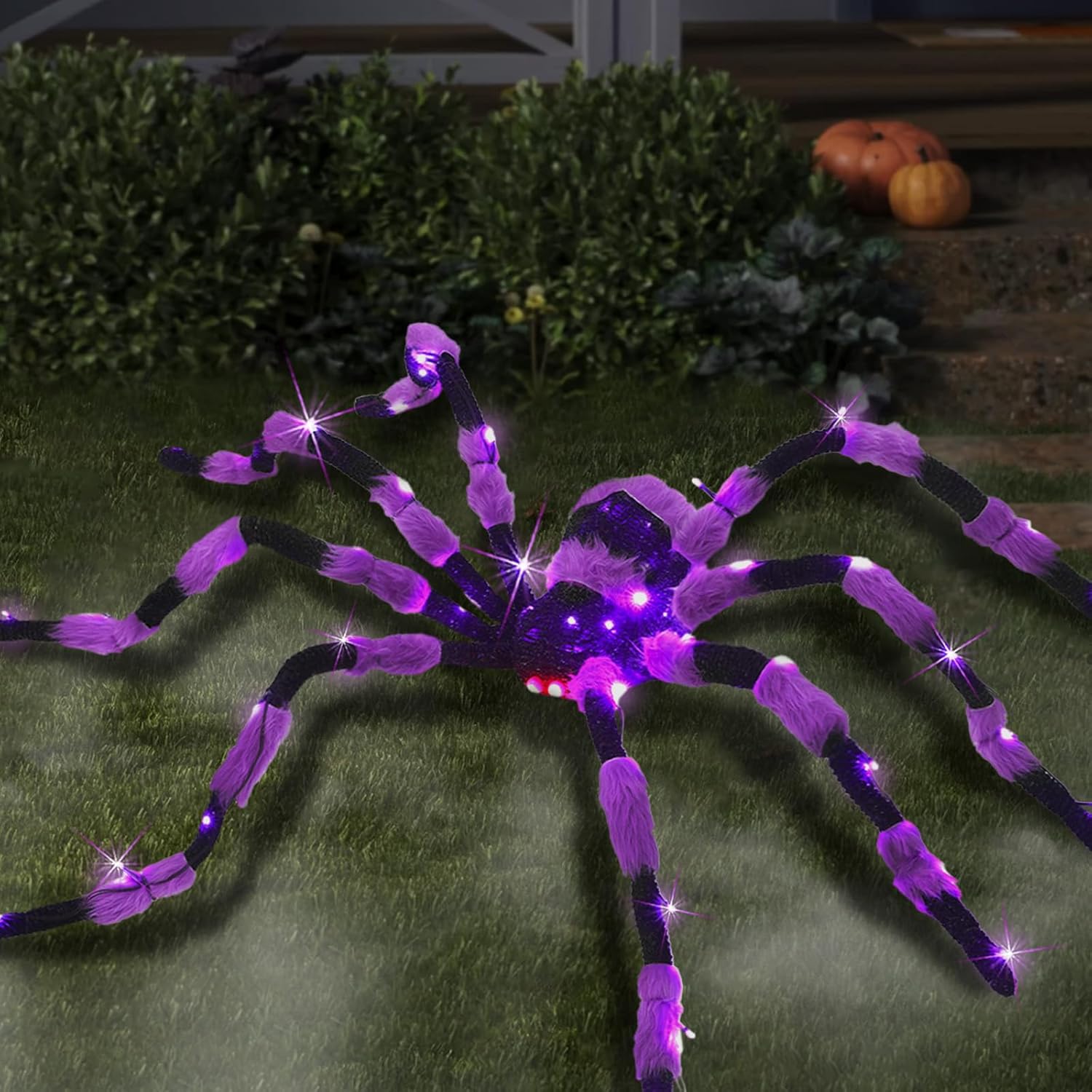 Giant Spider Halloween Decorations, 60 Large Black Hairy Scary Virtual Realistic Spider with 56 LED Purple Lights Red Eyes Timer for Spiderweb Indoor Outdoor Yard Party Halloween Decor