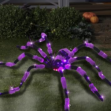 Giant Spider Halloween Decorations, 60 Large Black Hairy Scary Virtual Realistic Spider with 56 LED Purple Lights Red Eyes Timer for Spiderweb Indoor Outdoor Yard Party Halloween Decor