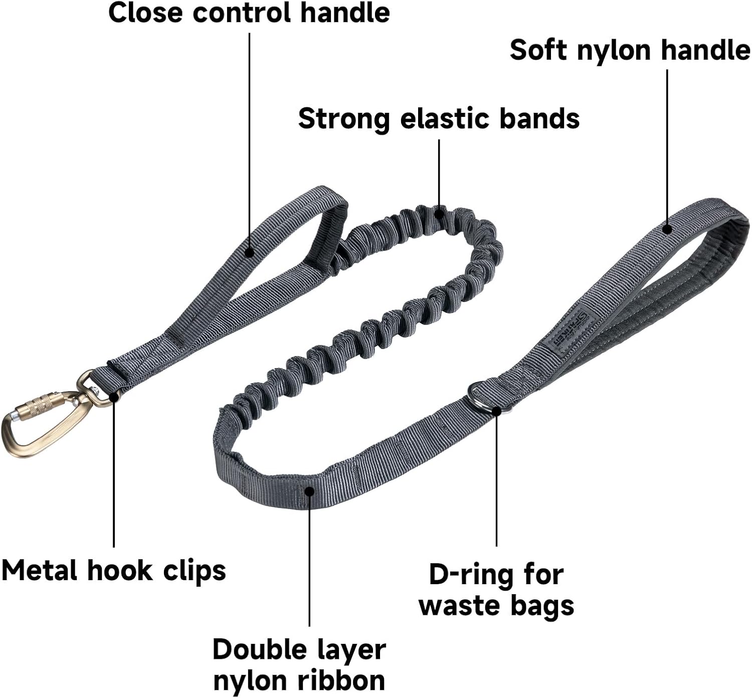 EXCELLENT ELITE SPANKER Tactical Military Dog Leash Space Aluminum Hook Clips Bungee Dog Lead Elastic Bungee Rope Leash with 2 Control Handle (Grey)