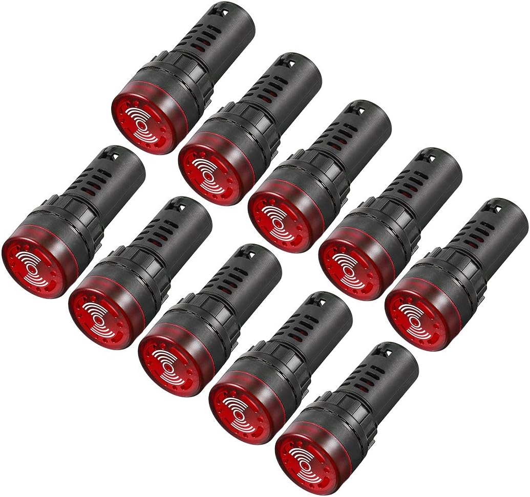 uxcell 10Pcs Red Indicator Light with Buzzer AC/DC 24V, 22mm Panel Mount Flashing Alarm, for Electrical Control Panel, HVAC, DIY Projects