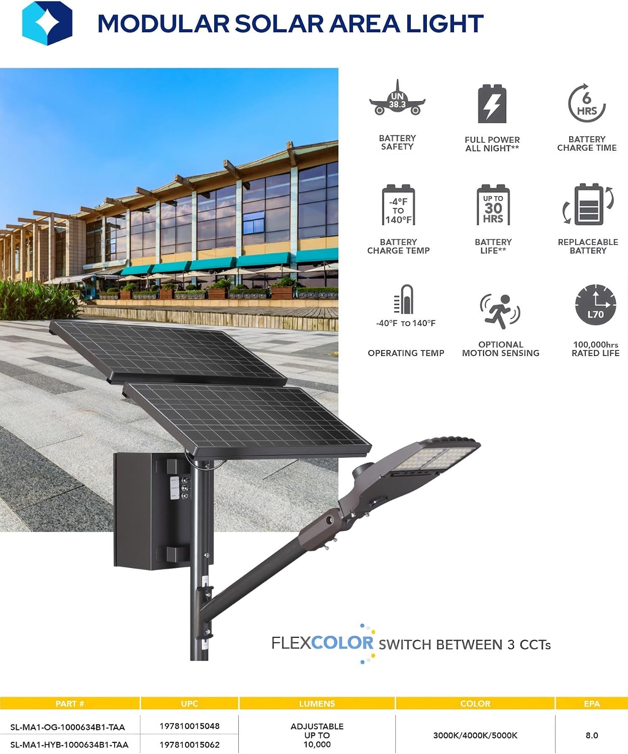 KASTLITE Off-Grid LED Solar Street Light – 10,000LM 3000K/4000K/5000K IP65 Waterproof Outdoor Security Floodlight w/Replaceable Battery – Driveway Yard Parking Lot Lighting, SL-MA1-OG-1000634B1-TAA