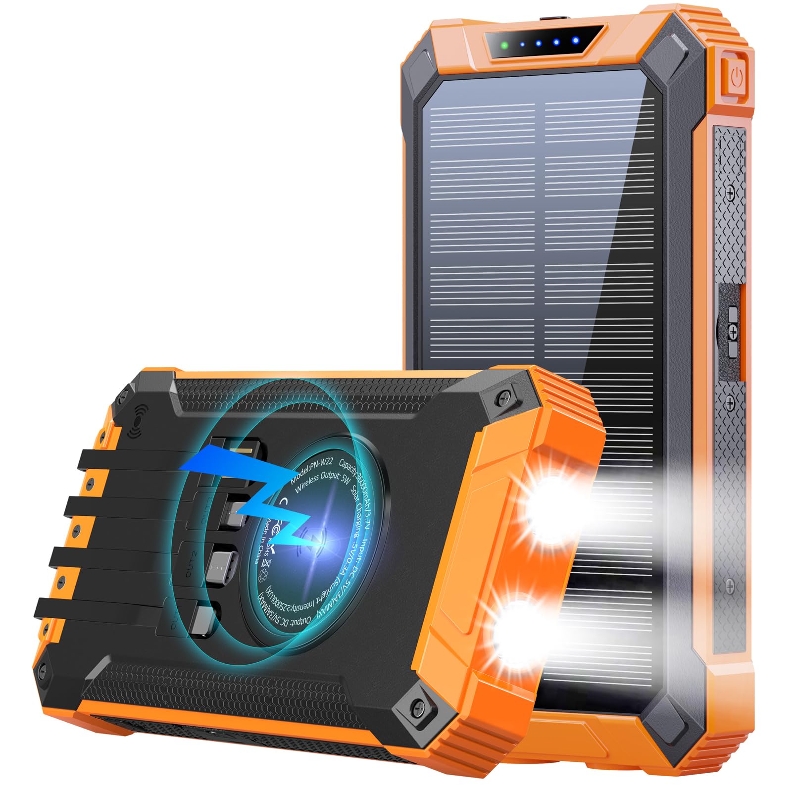 GOODaaa Solar Power Bank 26800mAh 15W Schnellladung, Wireless Powerbank mit 6 Ausgängen und 4 Eingängen, Solarladegerät mit integrierter Taschenlampe und Karabinerhaken für Camping und Outdoor